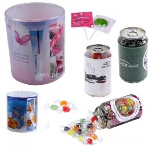 Plastové reklamné dózy s potlačou na sladkosti