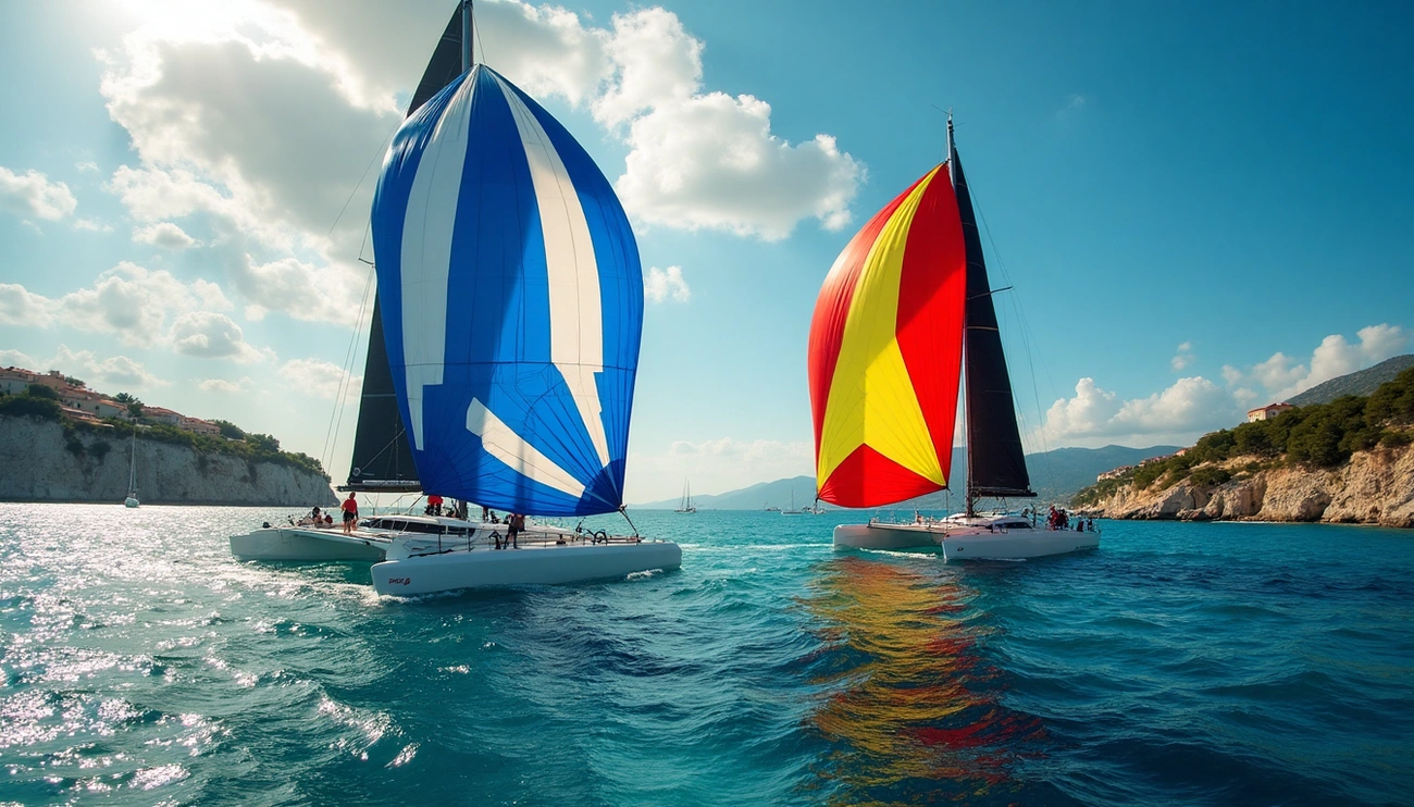 Colorful catamarans racing during Catamaran Euro Regatta in Croatia