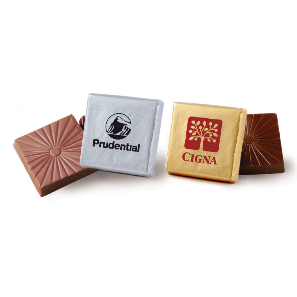 Each chocolate is wrapped in gold or silver foil then covered with your custom wrapper. Choose from milk or dark chocolate. Packaged bulk with a shelf-life of one year if properly stored at room temperature. Safe pack shipping is required in warmer weather.