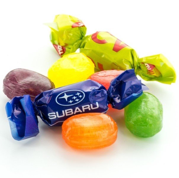 Assorted Hard Candies with Fruit Filling: "Pear", "Cherry", "Black Currant", "Orange", "Plum", "Apricot", "Strawberry and Cream", "Raspberry and Cream"...
