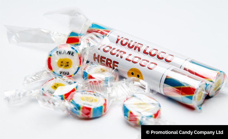 Branded Individual Rock Sweets. Individually cello wrapped sweets with up to twenty upper case letters reproduced inside, 1 colour running through the middle and 3/4 colours striped on outer casing if required