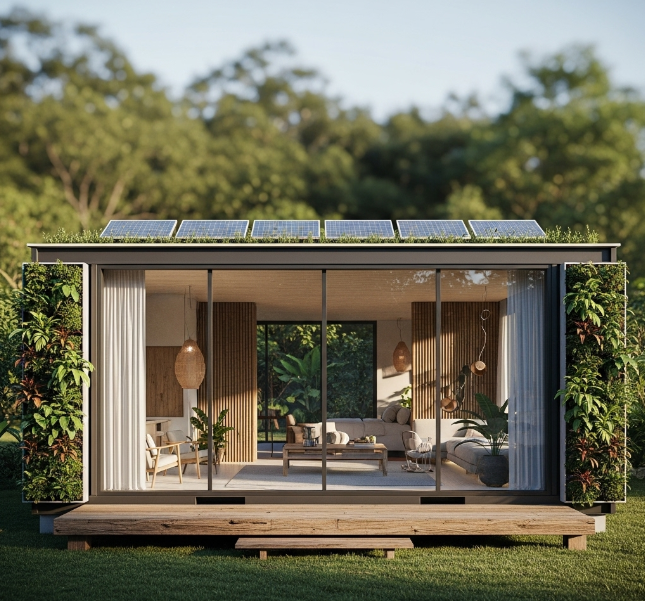 A modern container home featuring a sustainable design, minimalist aesthetic, and panoramic glass facade, set in a green landscape