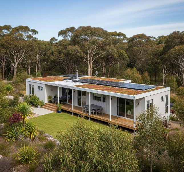 modern prefabricated house with green roof and solar panels, sustainable living