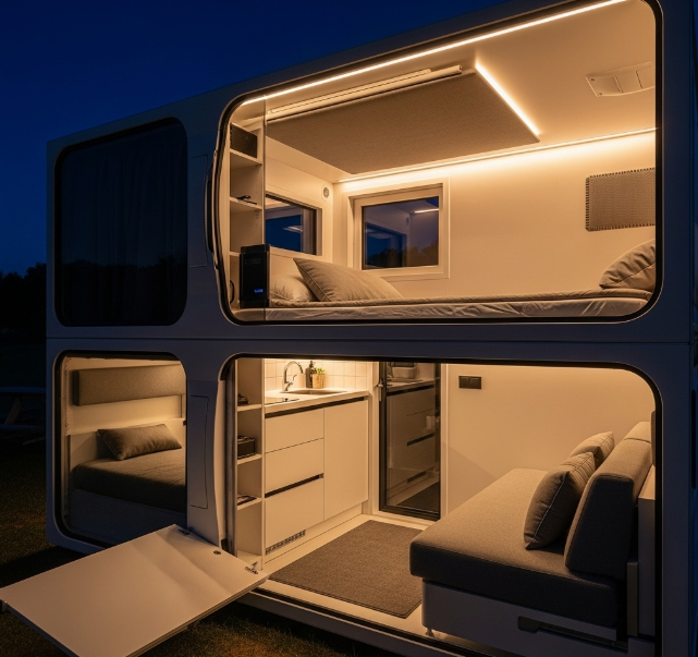 Modern capsule house interior featuring bright tones, built-in furniture, and smart home devices