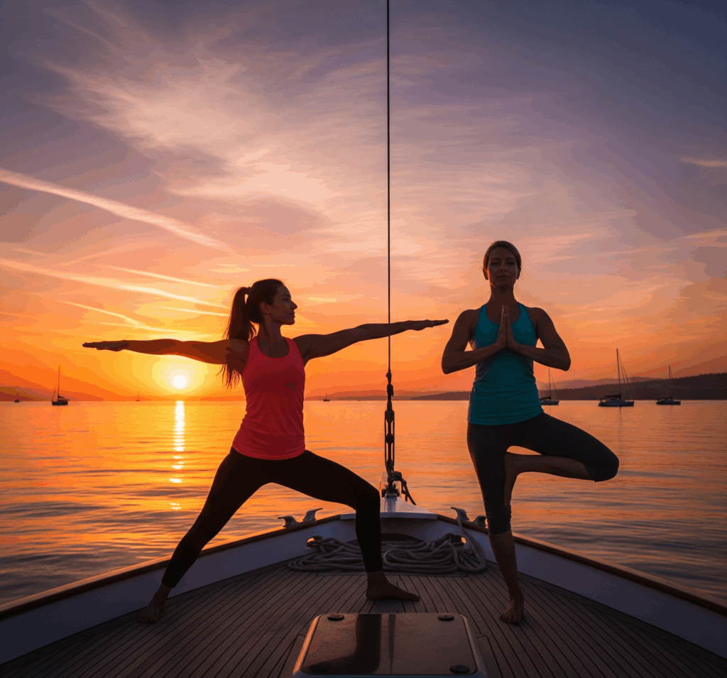 Persons doing Pilates on a yacht at sunset