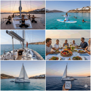 Sailing Pilates retreat on luxury yacht deck in Mediterranean sea