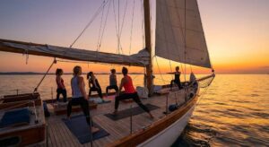 Group of people performing Pilates exercises on the deck of a sailing yacht during golden sunset, with calm ocean waters and sails in background.