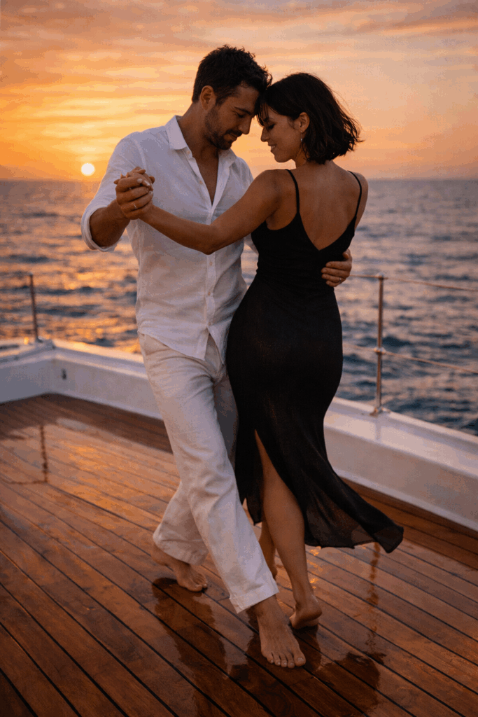 Couple dancing romantic bachata on a catamaran deck during warm orange sunset