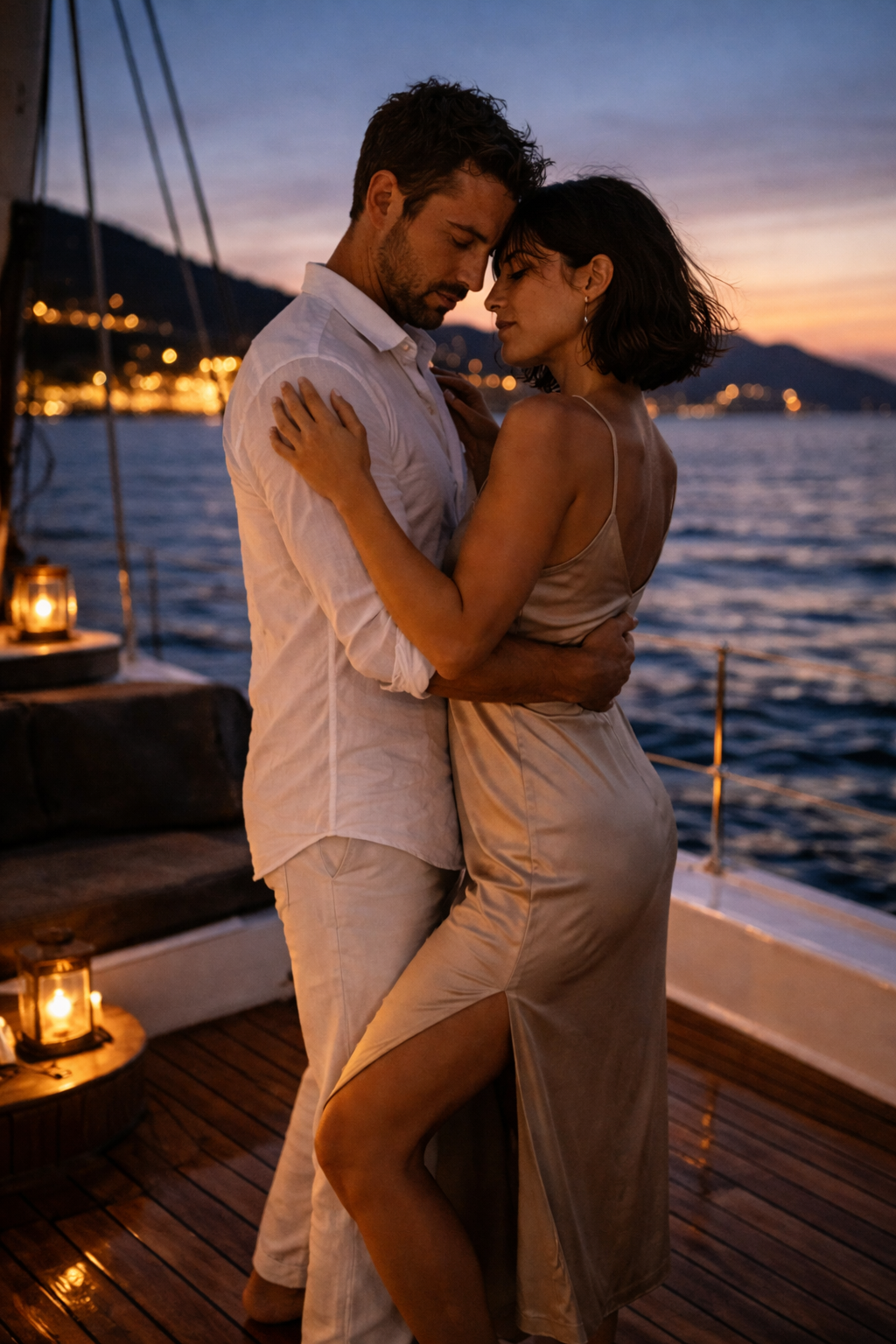 Couple in a close kizomba embrace dancing on a catamaran deck with blurred Mediterranean coastline
