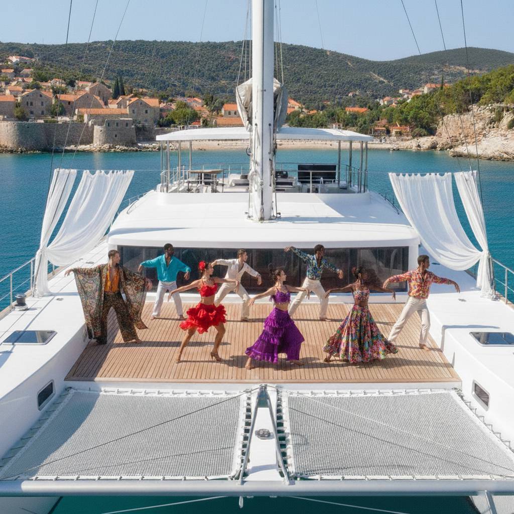 Diverse group of dancers practicing Latin choreography in colorful costumes on the sunny wooden deck of a luxury catamaran near the Adriatic coast.