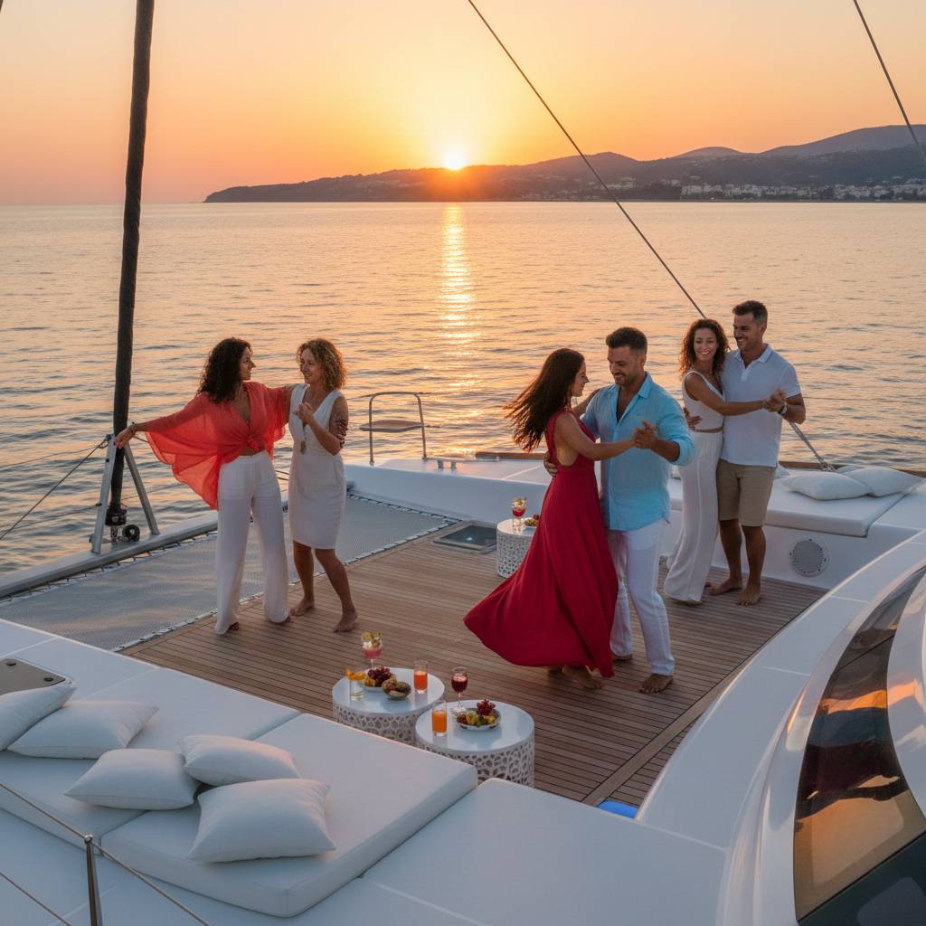 A small group of people dancing Salsa and Bachata on the deck of a luxury white catamaran during a sunset cruise on the Mediterranean sea.