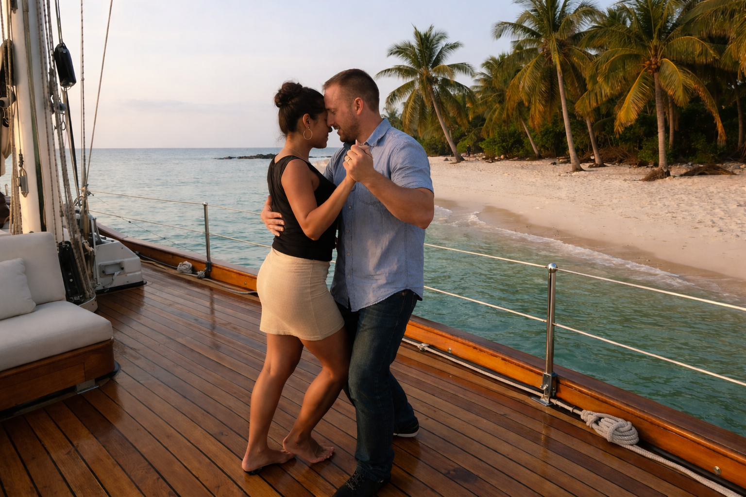 Couple dancing Kizomba on a luxury yacht deck at sunset during a romantic Kizomba cruise with tropical beach backdrop.