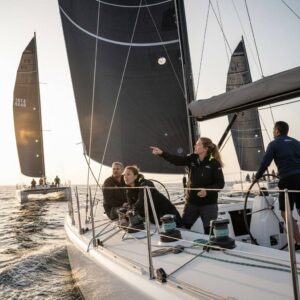 A professional sailing crew on a catamaran deck fine-tuning sail twist and luff tension during a high-performance training session at sunset.