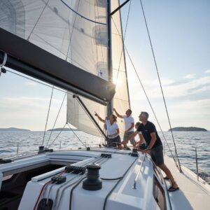 A crew of sailors collaborating on mainsail and boom adjustments on a catamaran during a technical training session.