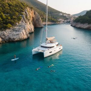 Aerial view of a luxury white catamaran anchored in a turquoise Mediterranean bay with people snorkeling and stand-up paddleboarding near dramatic cliffs.