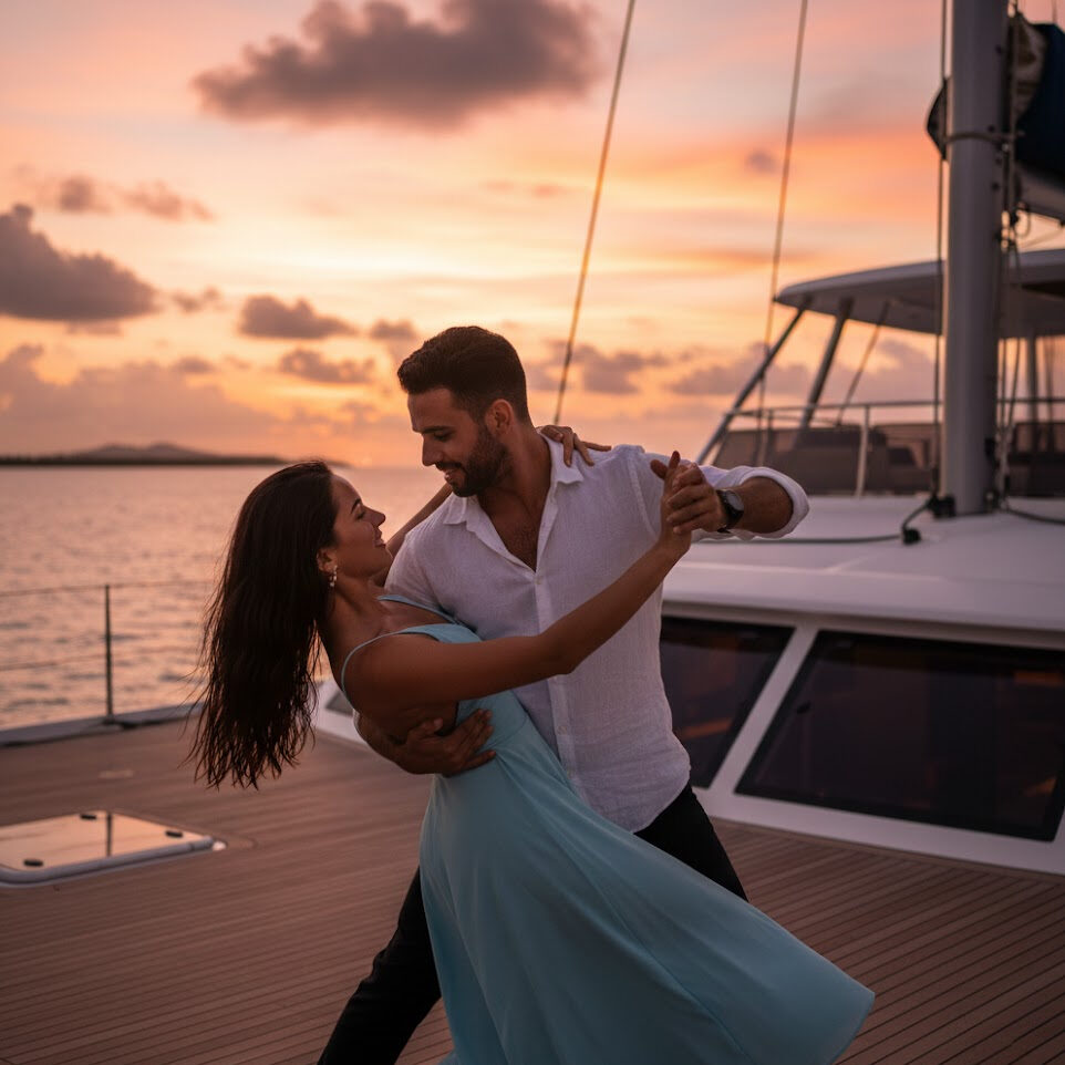 A couple dancing a romantic ballroom dip on the wooden deck of a luxury catamaran at sunset.
