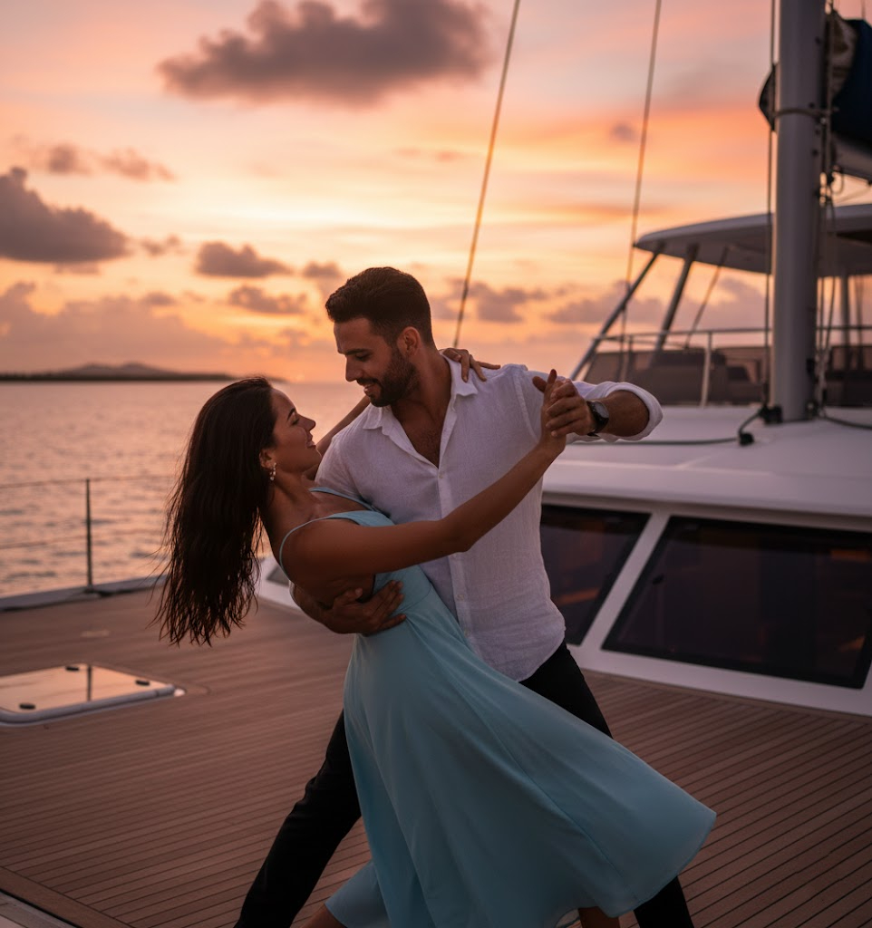 A couple dancing a romantic ballroom dip on the wooden deck of a luxury catamaran at sunset.