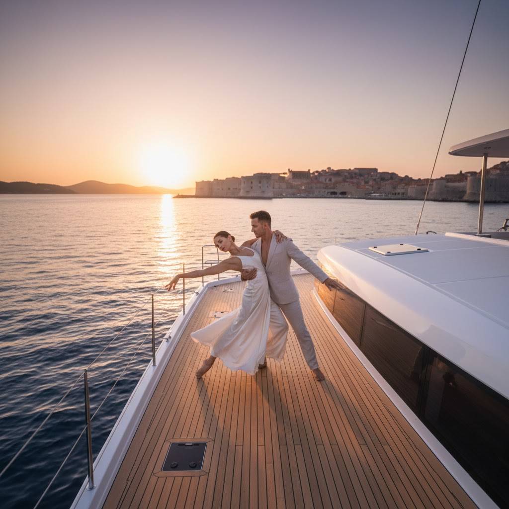 Coppia di ballerini eleganti danza sul ponte di un catamarano di lusso al tramonto con vista sulla costa della Croazia