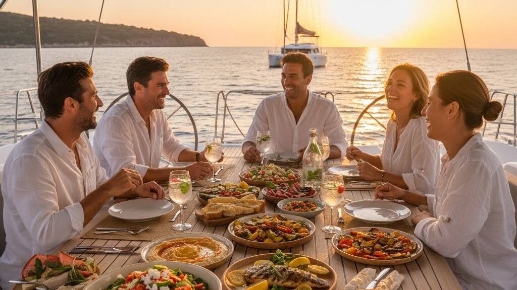 A group of friends enjoying a healthy Mediterranean feast on the wooden deck of a luxury catamaran at sunset, featuring fresh salads, organic dishes, and sea views.