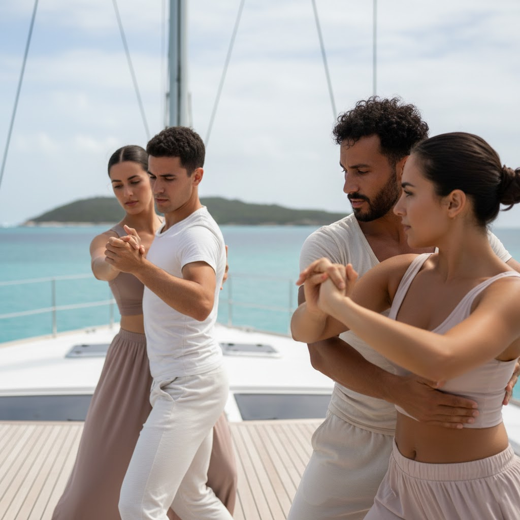 Two couples practicing contemporary dance moves on the white deck of a catamaran with a tropical island and turquoise ocean in the background.