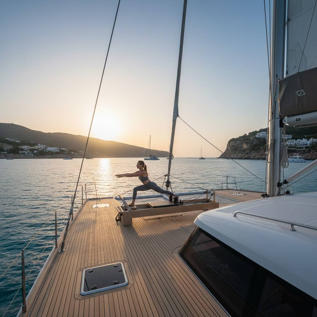 Woman performing a dynamic lunge on a Reformer Pilates machine on the teak deck of a luxury catamaran during a sunset in a Mediterranean bay..