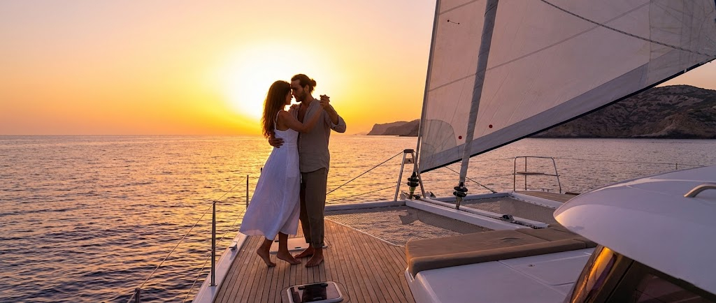 A couple dancing Kizomba barefoot on the teak deck of a luxury luxury catamaran during a golden sunset in the Mediterranean Sea.