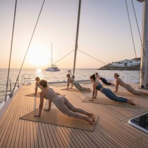 A group of women practicing Pilates in plank position on the wooden deck of a luxury catamaran at sunset with a white coastal village in the background.