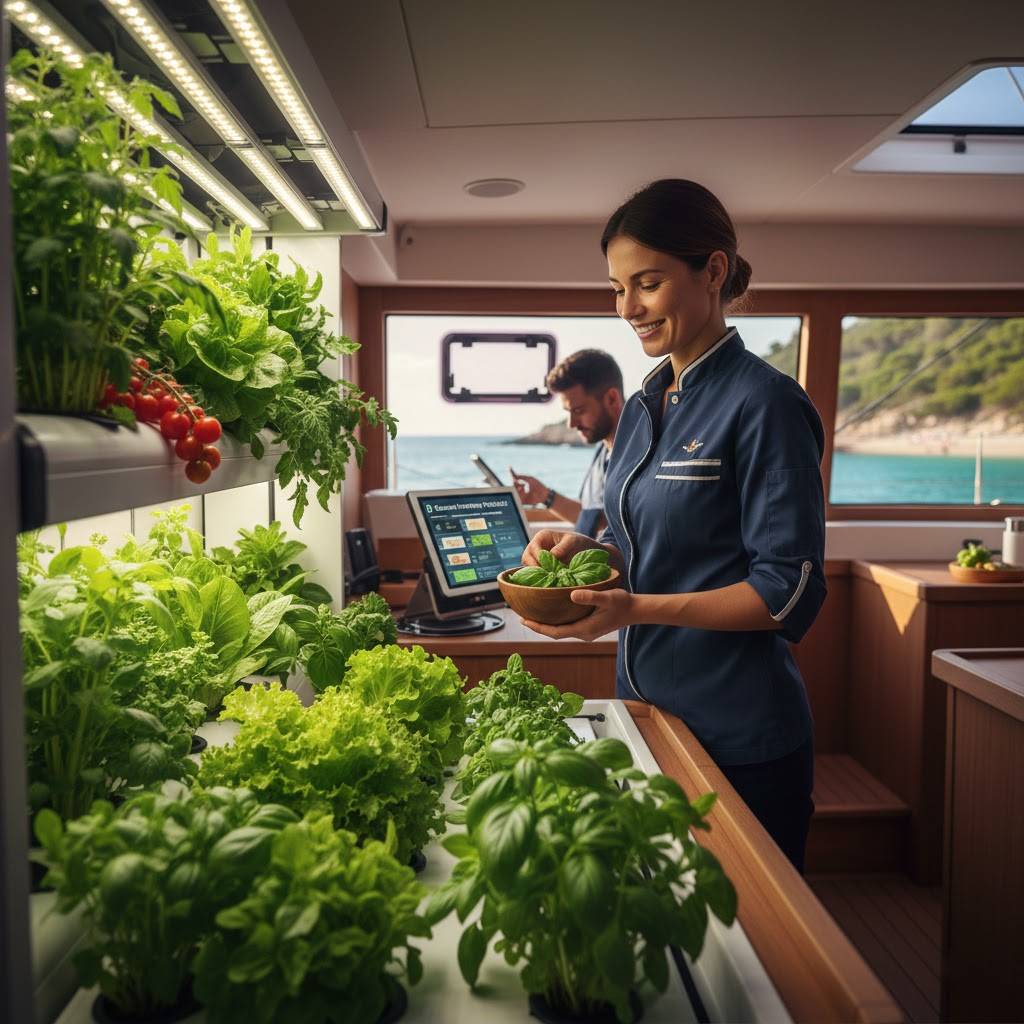 A crew member harvesting fresh basil from a sleek, built-in vertical hydroponic garden inside a modern luxury catamaran kitchen, with a view of the ocean in the background.