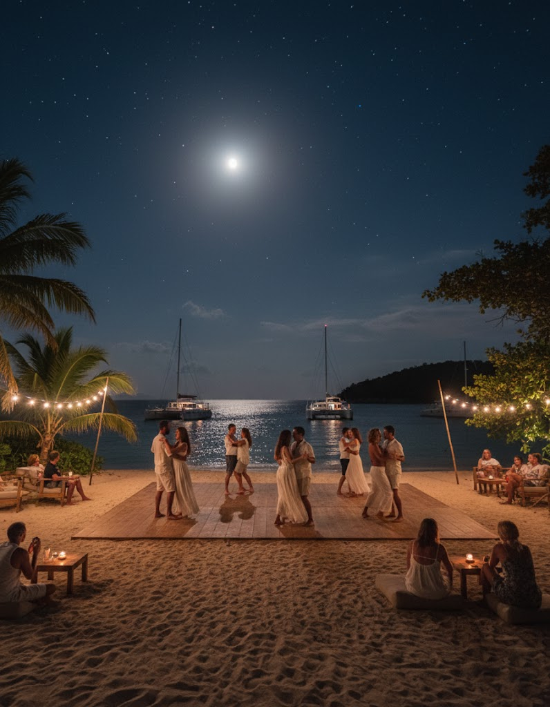 Couples dancing on a wooden platform on a sandy beach at night under a full moon, with two catamarans anchored in the bay and warm string lights.
