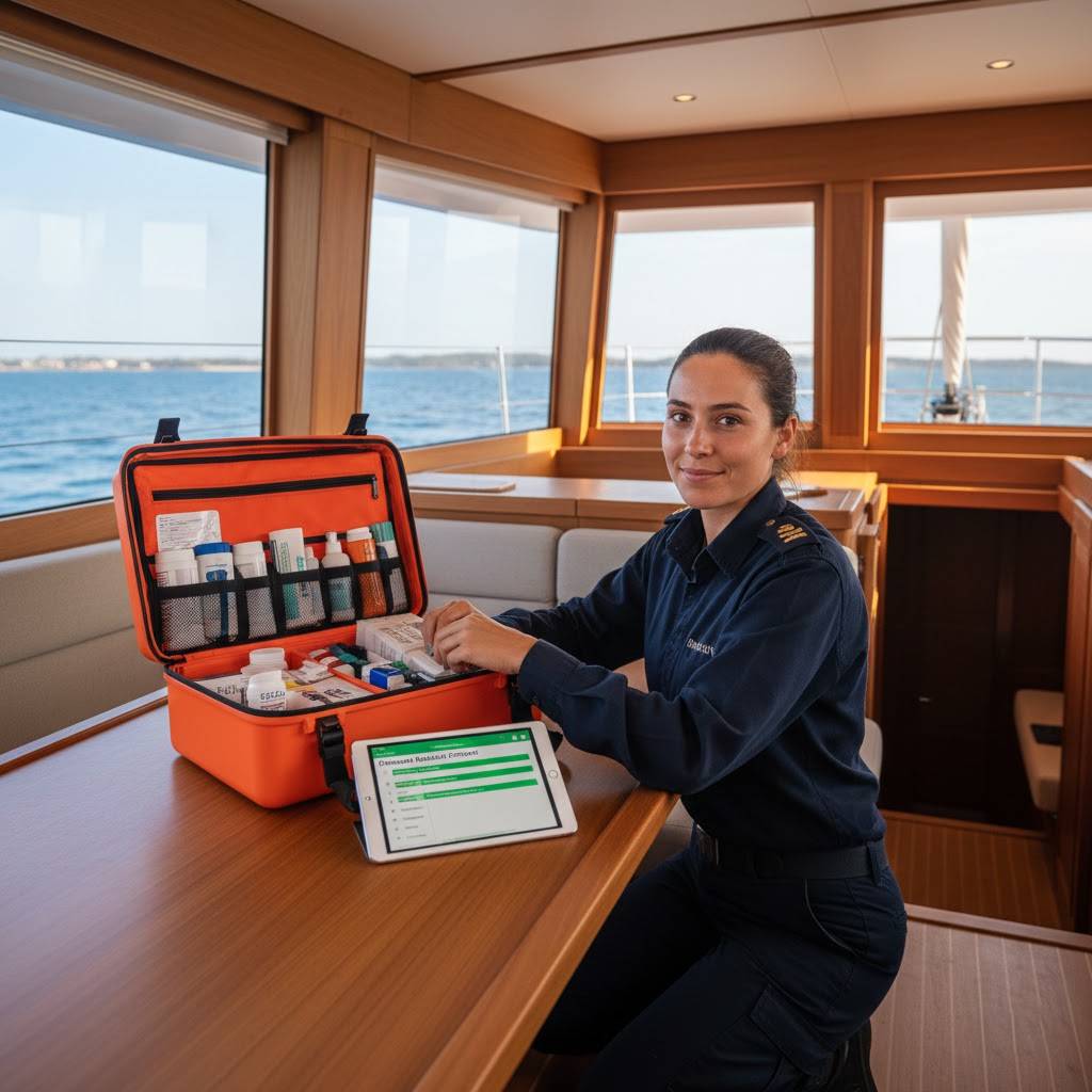 A confident crew member in professional maritime attire organizing a comprehensive offshore medical kit on a luxury catamaran table, with a telemedicine tablet displaying a checklist.