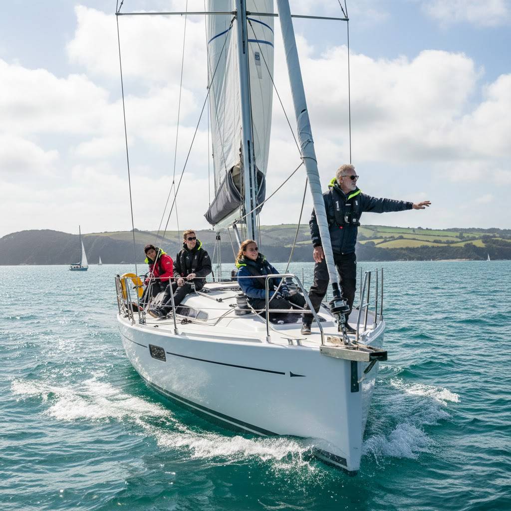 A professional sailing instructor guiding a student crew on a white yacht, demonstrating tactical leadership and boat handling on blue water.