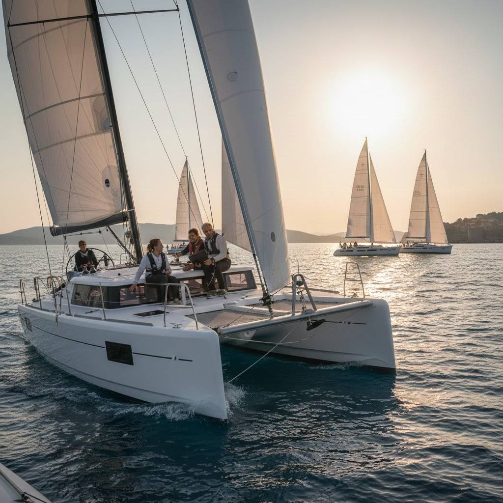 A crew practicing advanced sail trim and regatta maneuvers on a sailing catamaran during a golden hour training session.