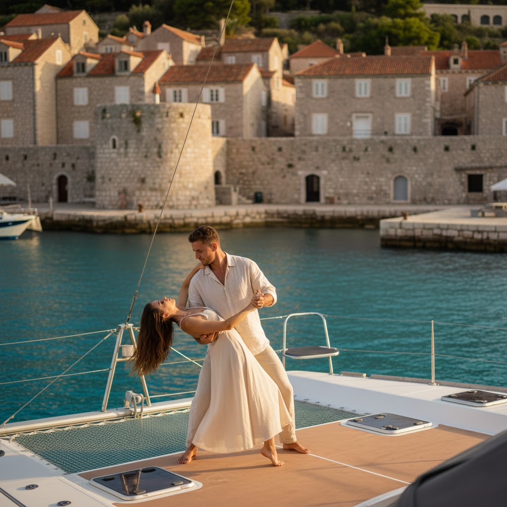 A man and woman in light linen clothing performing a romantic dance dip on the deck of a catamaran in a Mediterranean harbor.