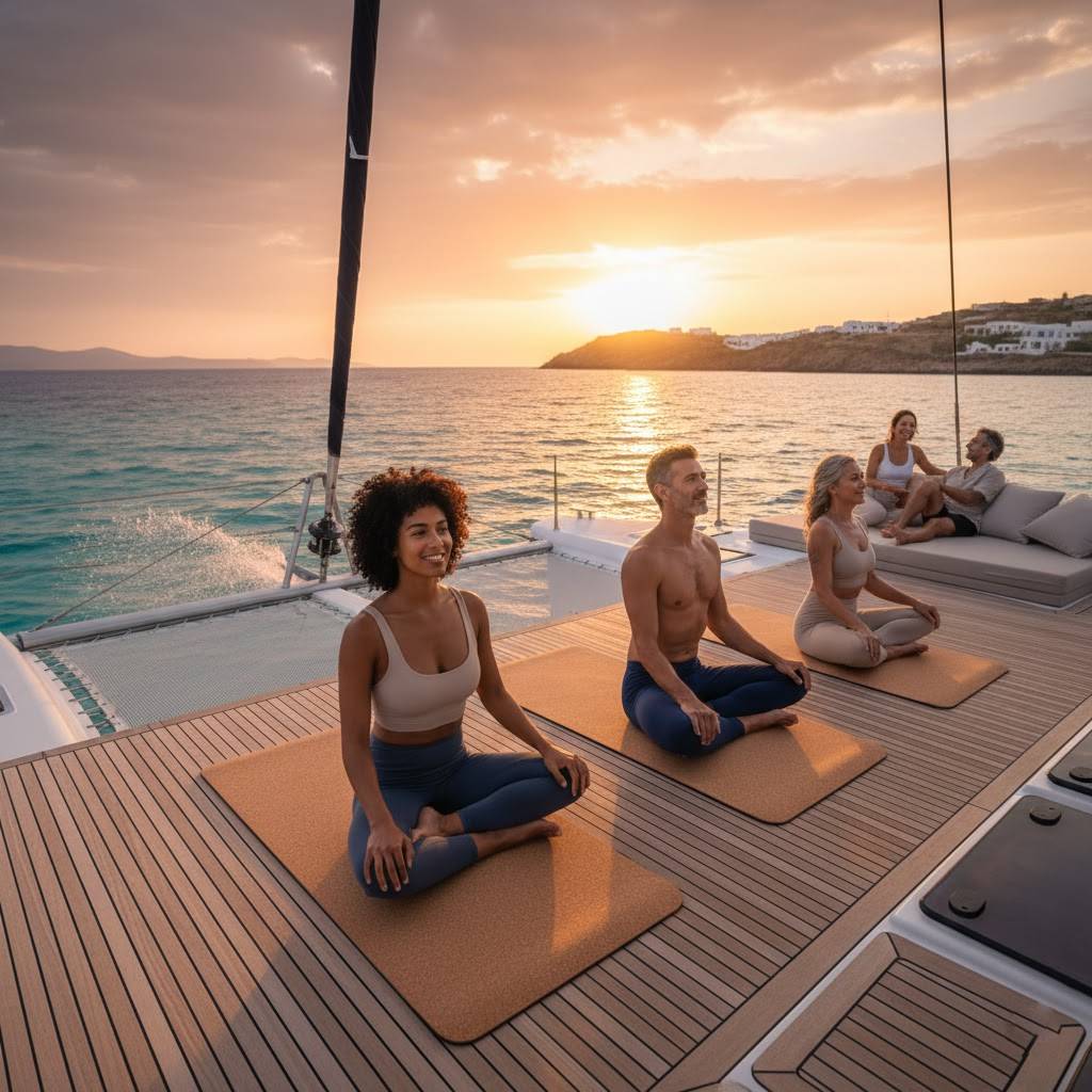 A group of people practicing sunset Pilates on the wooden deck of a luxury sailing yacht in the Mediterranean.