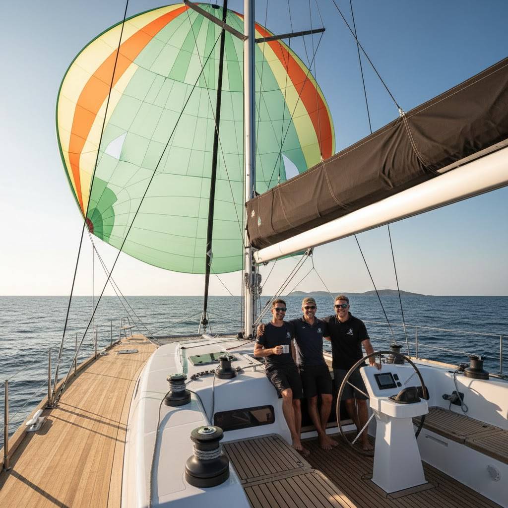 Relaxed 3-person crew on a luxury catamaran deck sailing with a parasail, demonstrating low-fatigue handling and skeleton crew mastery.