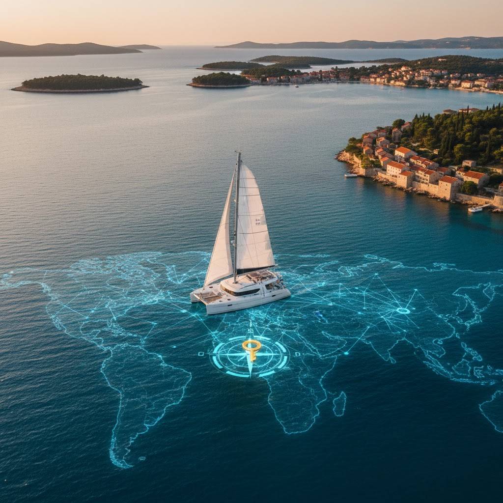 Aerial view of a luxury catamaran sailing through the Croatian islands with a glowing digital map and key symbol overlay, representing maritime procurement and absolute freedom.