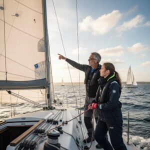 Senior sailing instructor teaching a student how to manage sail twist and luff tension on a racing yacht during a regatta training session.