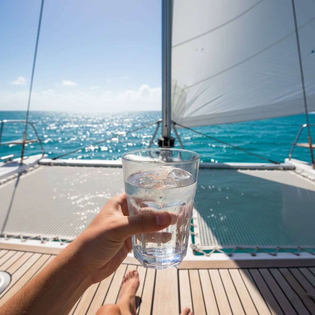 First-person view of a hand holding a glass of ice-cold fresh water on a sunny catamaran deck, symbolizing water sovereignty and high-volume desalination mastery