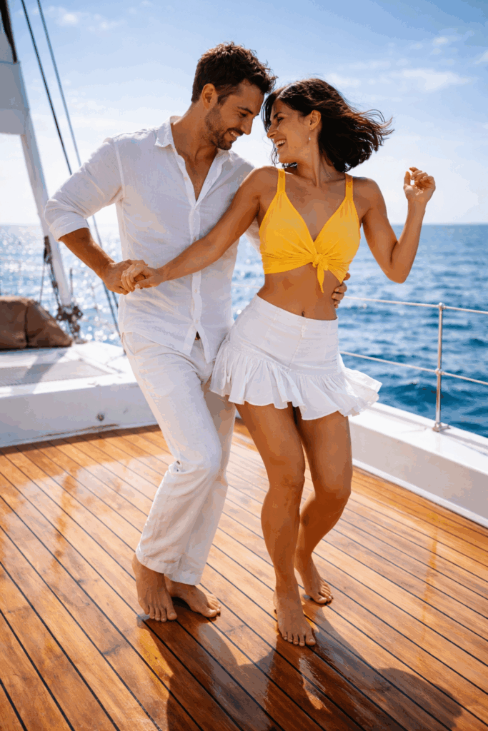 Couple dancing merengue barefoot on a catamaran deck with bright blue ocean in the background