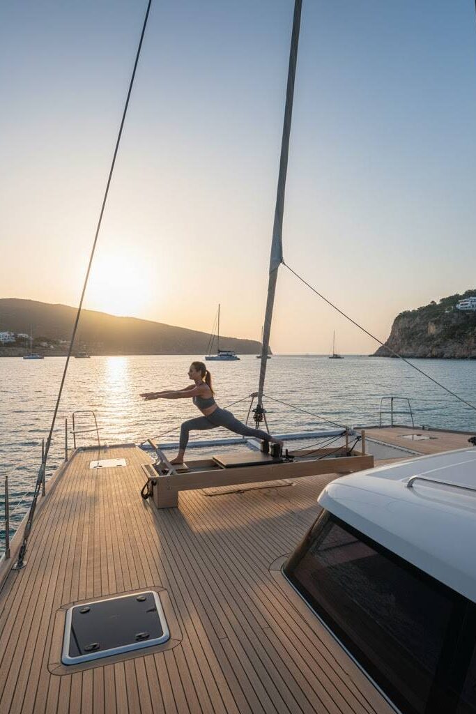 Woman performing a dynamic lunge on a Reformer Pilates machine on the teak deck of a luxury catamaran during a sunset in a Mediterranean bay..