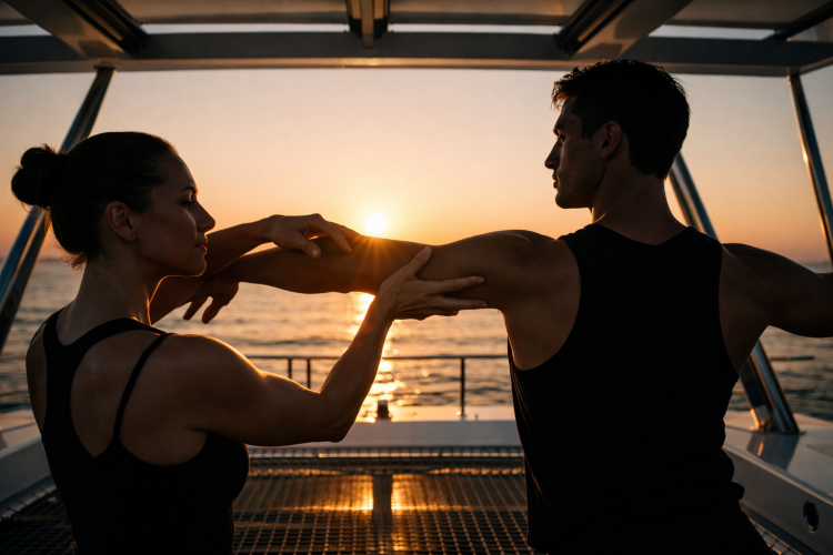A professional ballroom dance couple practicing a high-precision pose on a luxury catamaran deck at sunset, featuring a digital interface for movement analysis.