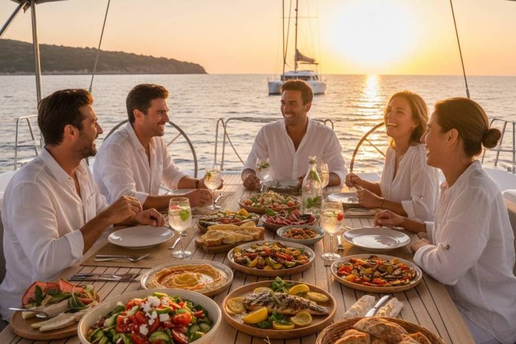 A group of friends enjoying a healthy Mediterranean feast on the wooden deck of a luxury catamaran at sunset, featuring fresh salads, organic dishes, and sea views.