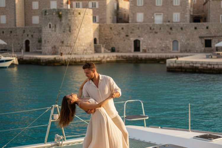 A man and woman in light linen clothing performing a romantic dance dip on the deck of a catamaran in a Mediterranean harbor.